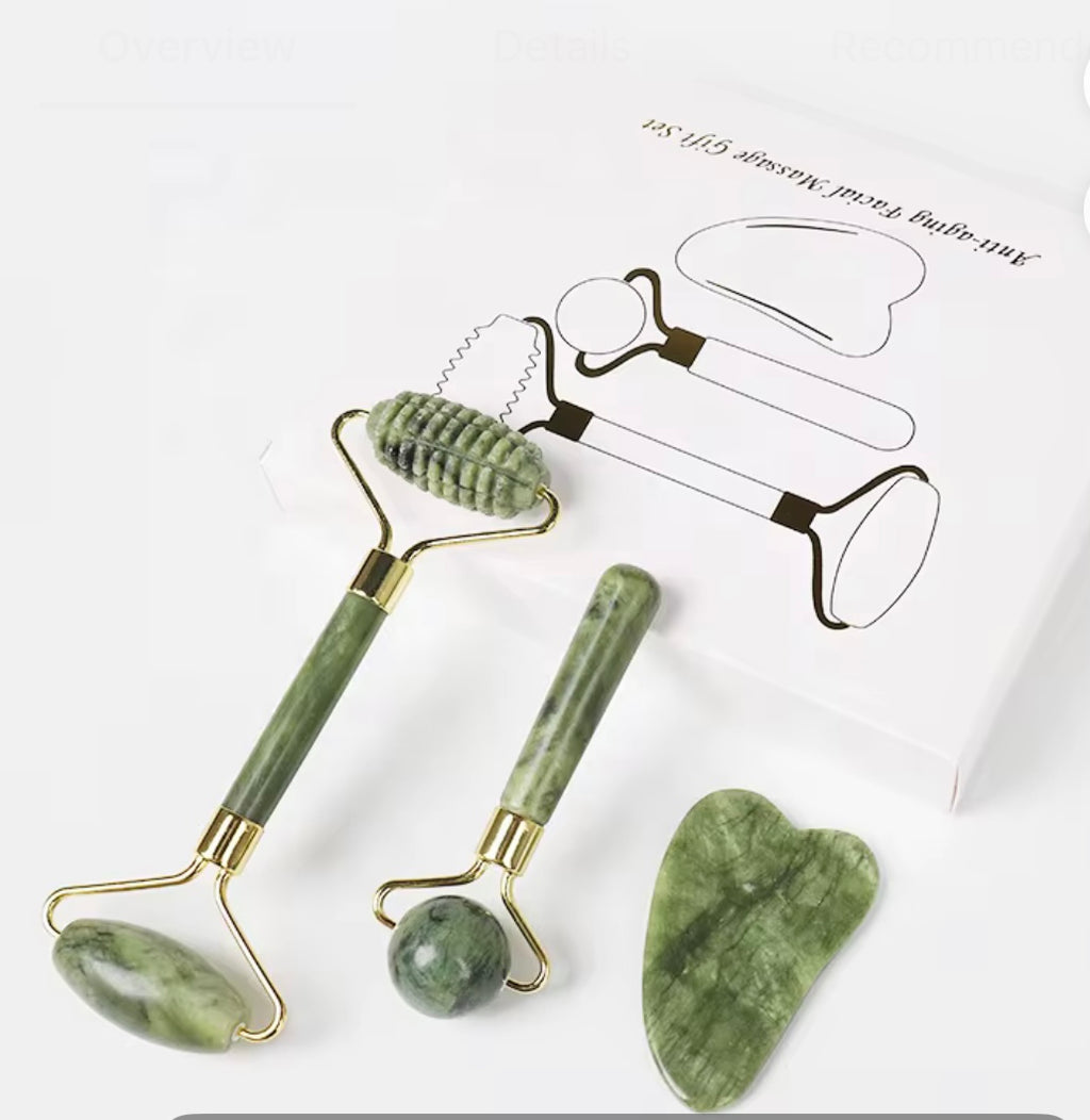 100% Natural Jade Roller & Gua Sha Facial Massage Set