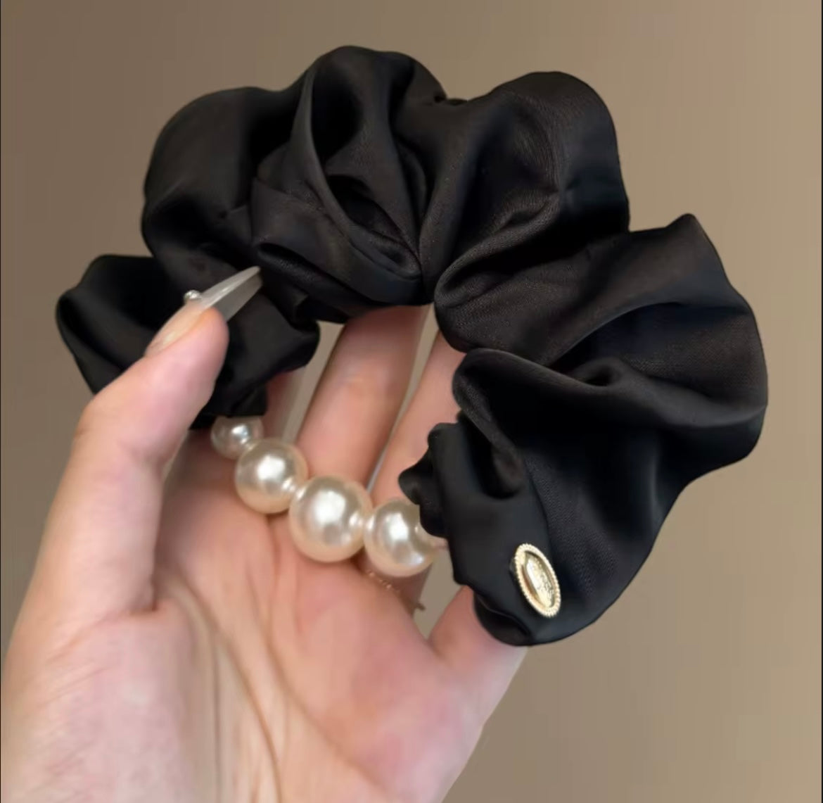 Mili Jae Korean Satin Pearl Edge Scrunchie