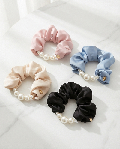 Mili Jae Korean Satin Pearl Edge Scrunchie