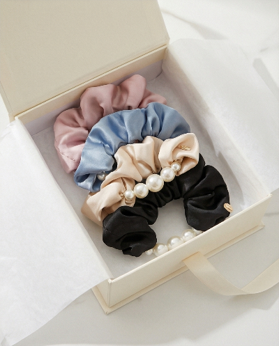 Mili Jae Korean Satin Pearl Edge Scrunchie