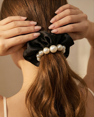 Mili Jae Korean Satin Pearl Edge Scrunchie